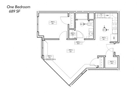 Floor plan for 1 bed, 1 bath, 689 sqft